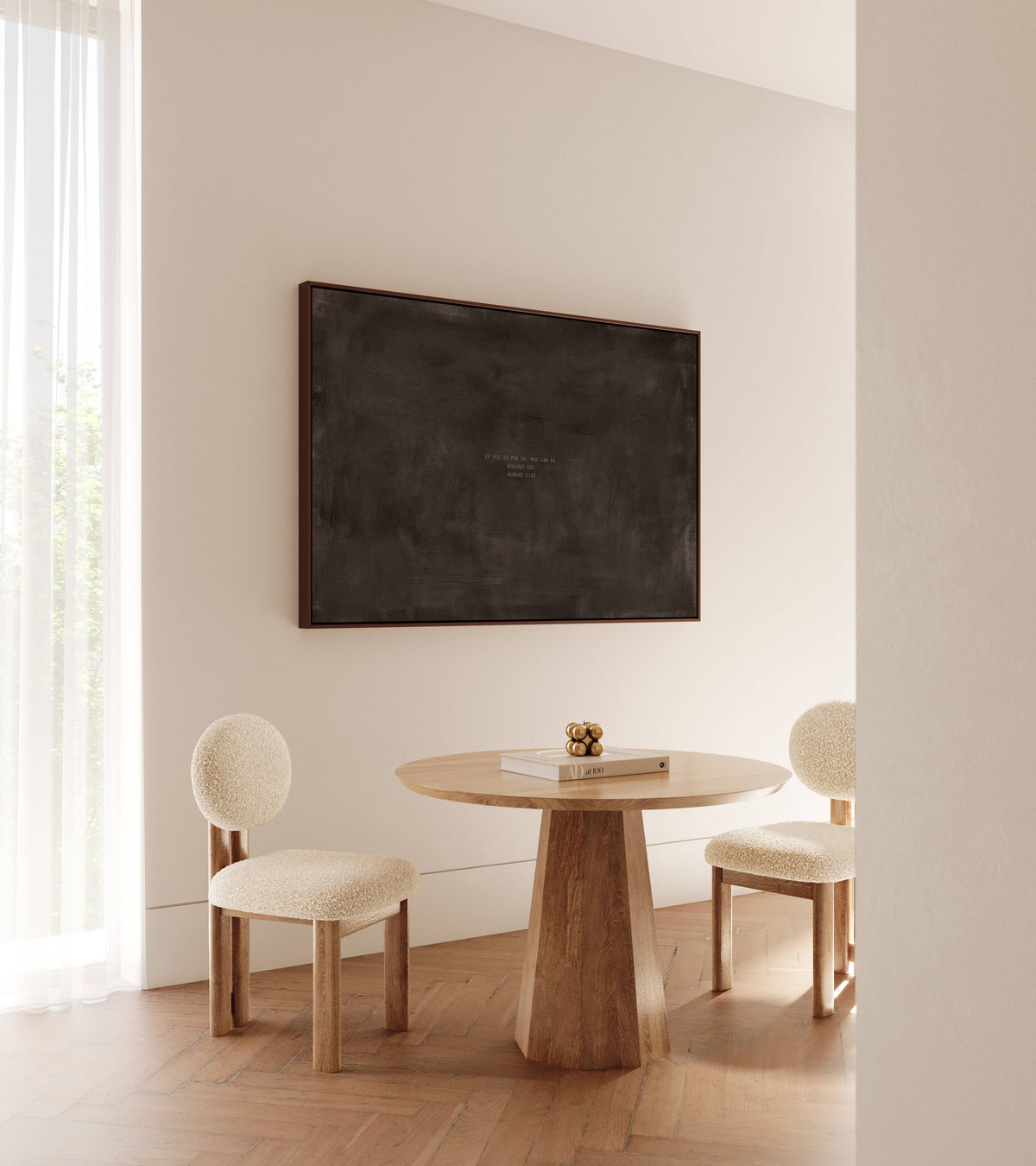 Charcoal scripture art print with Romans 8:31 styled in a modern dining room