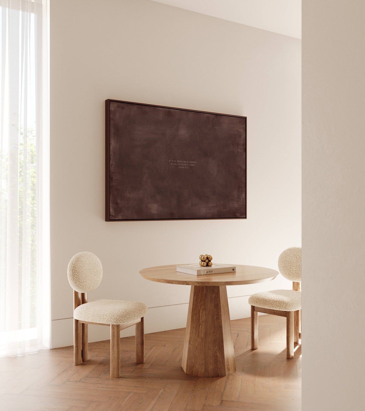 Dark Rose scripture art print with Psalm 91:2 styled in a modern dining room