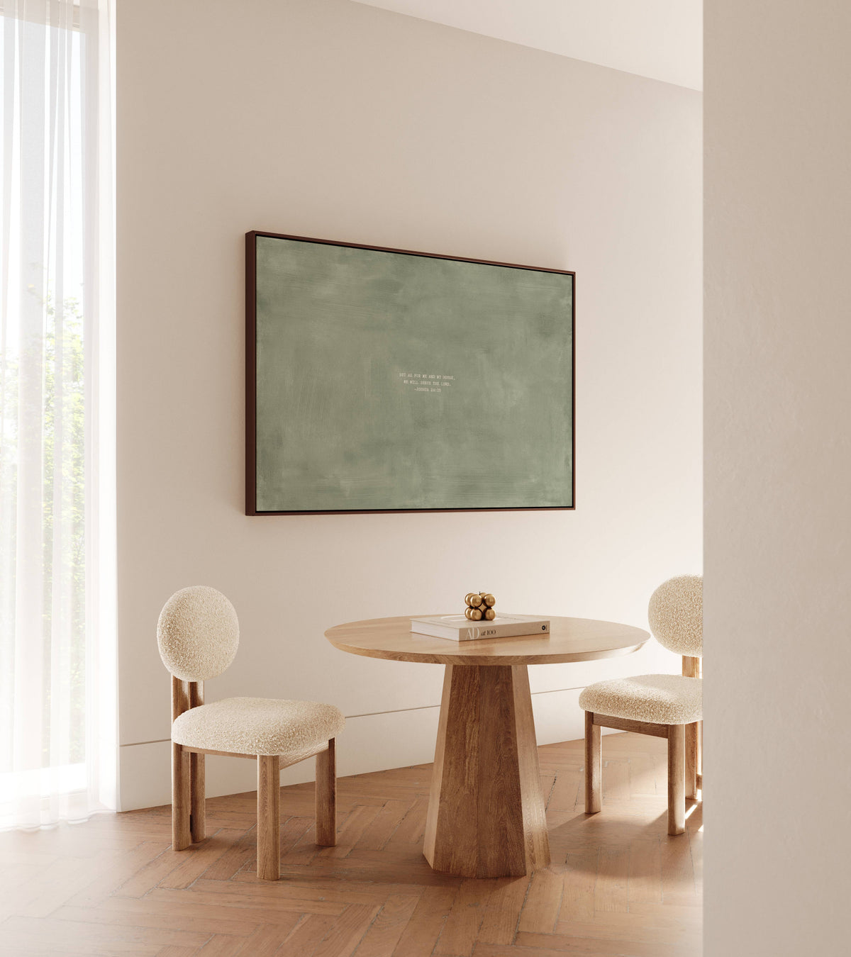 Sage scripture art print with Joshua 24:15 styled in a modern dining room