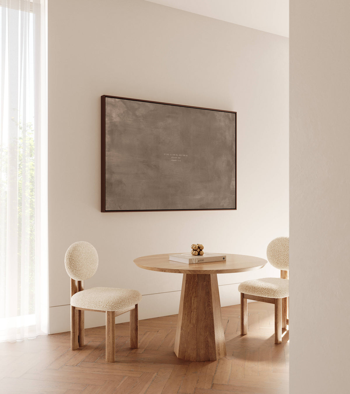 Taupe scripture art print with Romans 8:31 styled in a modern dining room