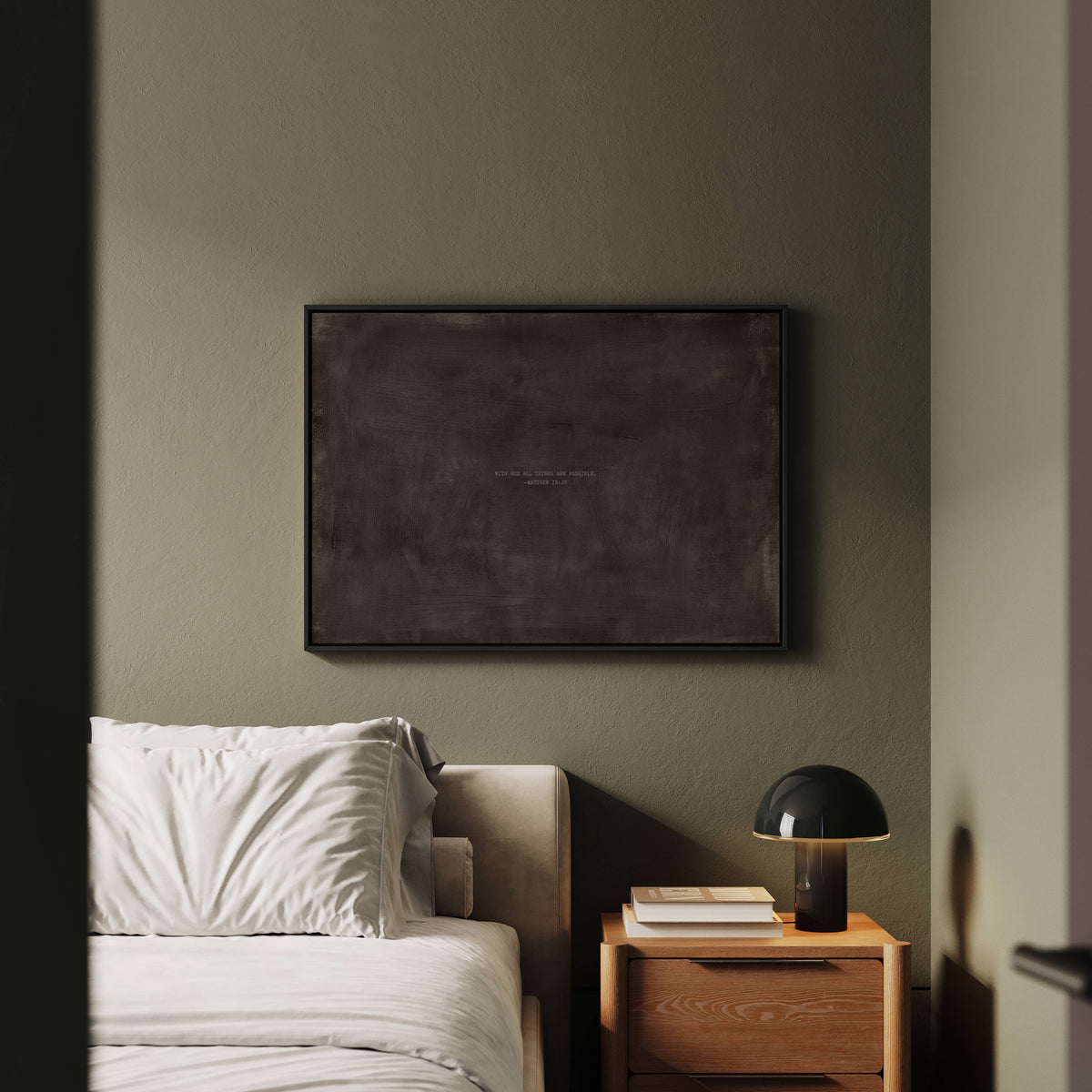 Charcoal scripture art print with Matthew 19:26 styled in a modern bedroom