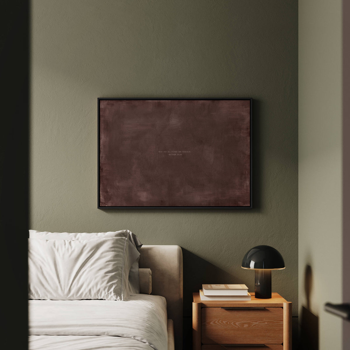 Dark Rose scripture art print with Matthew 19:26 styled in a modern bedroom