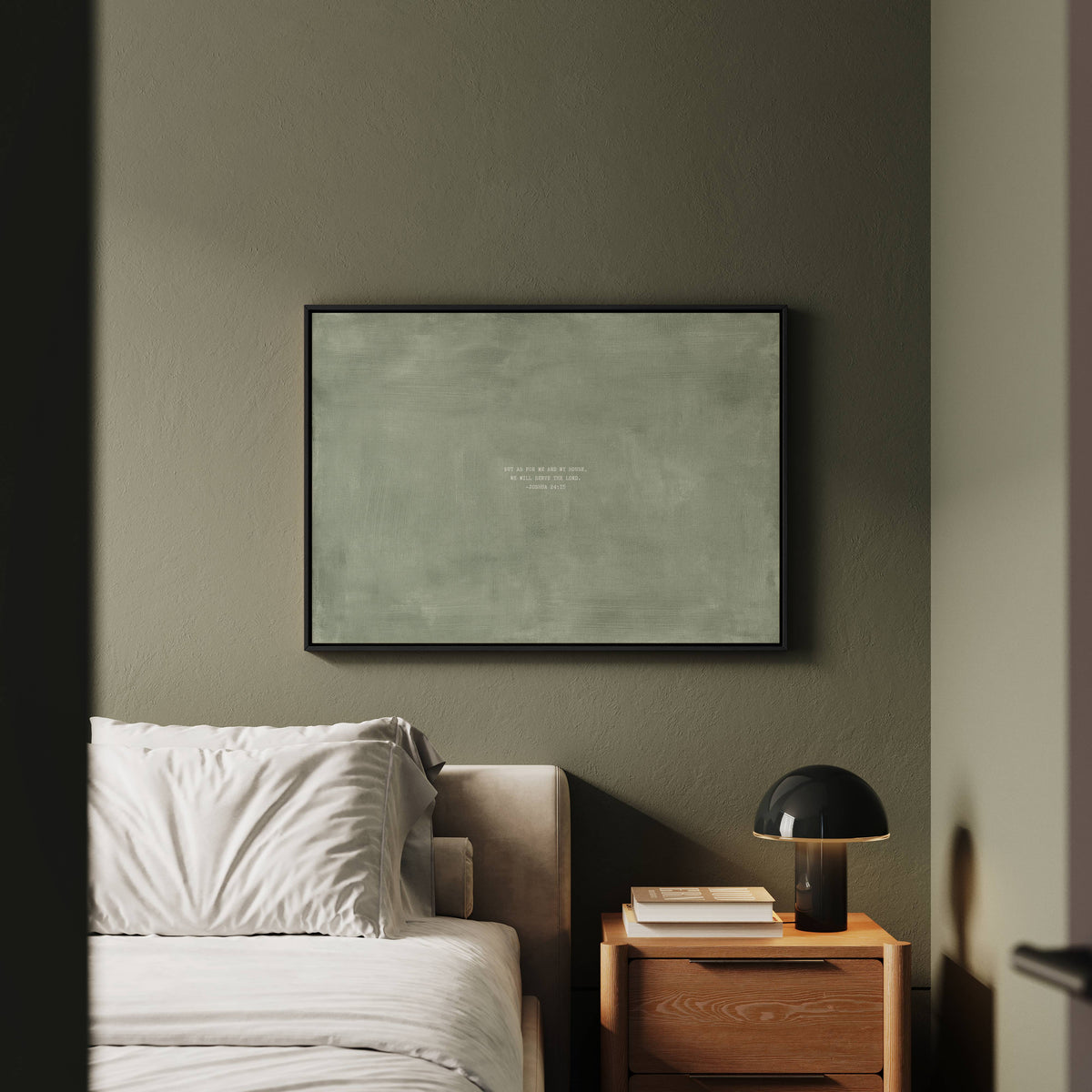 Sage scripture art print with Joshua 24:15 styled in a modern bedroom