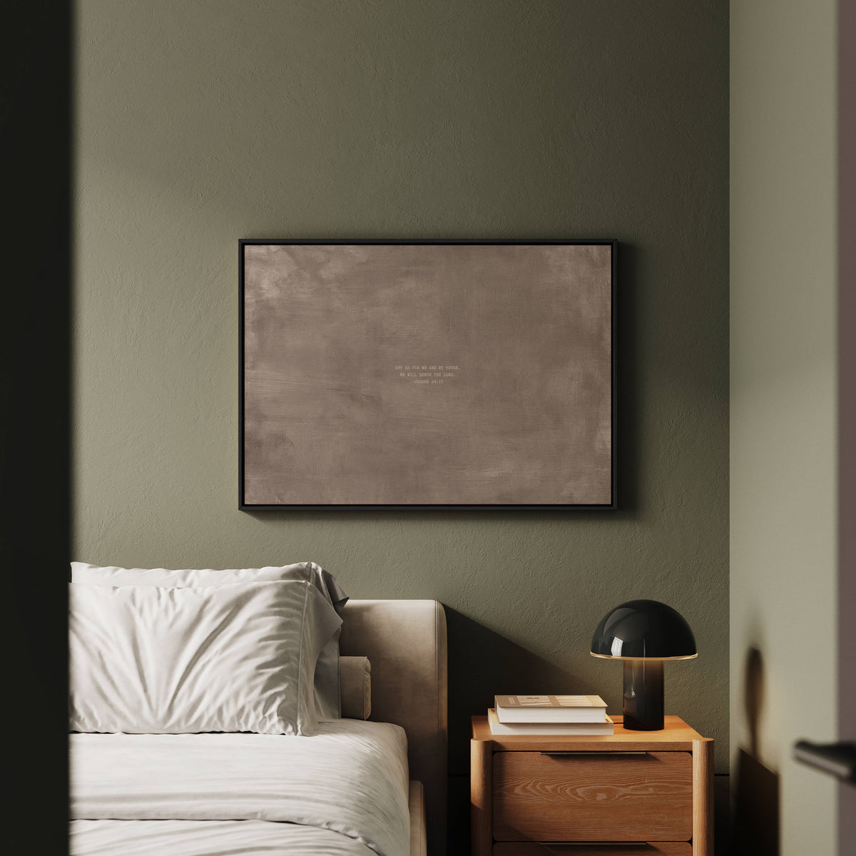 Taupe scripture art print with Joshua 24:15 styled in a modern bedroom