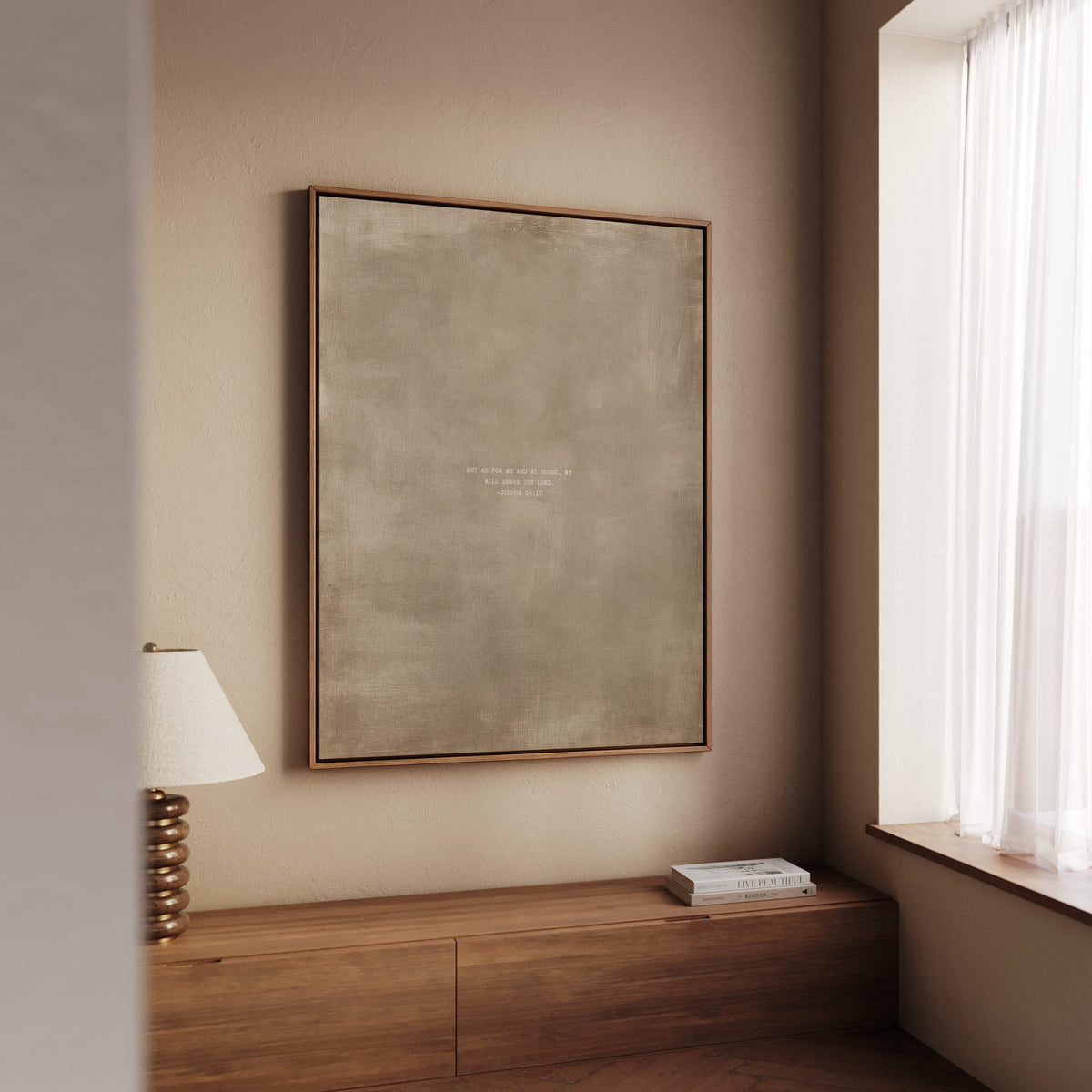 Clay scripture art print with Joshua 24:15 styled in a modern living room