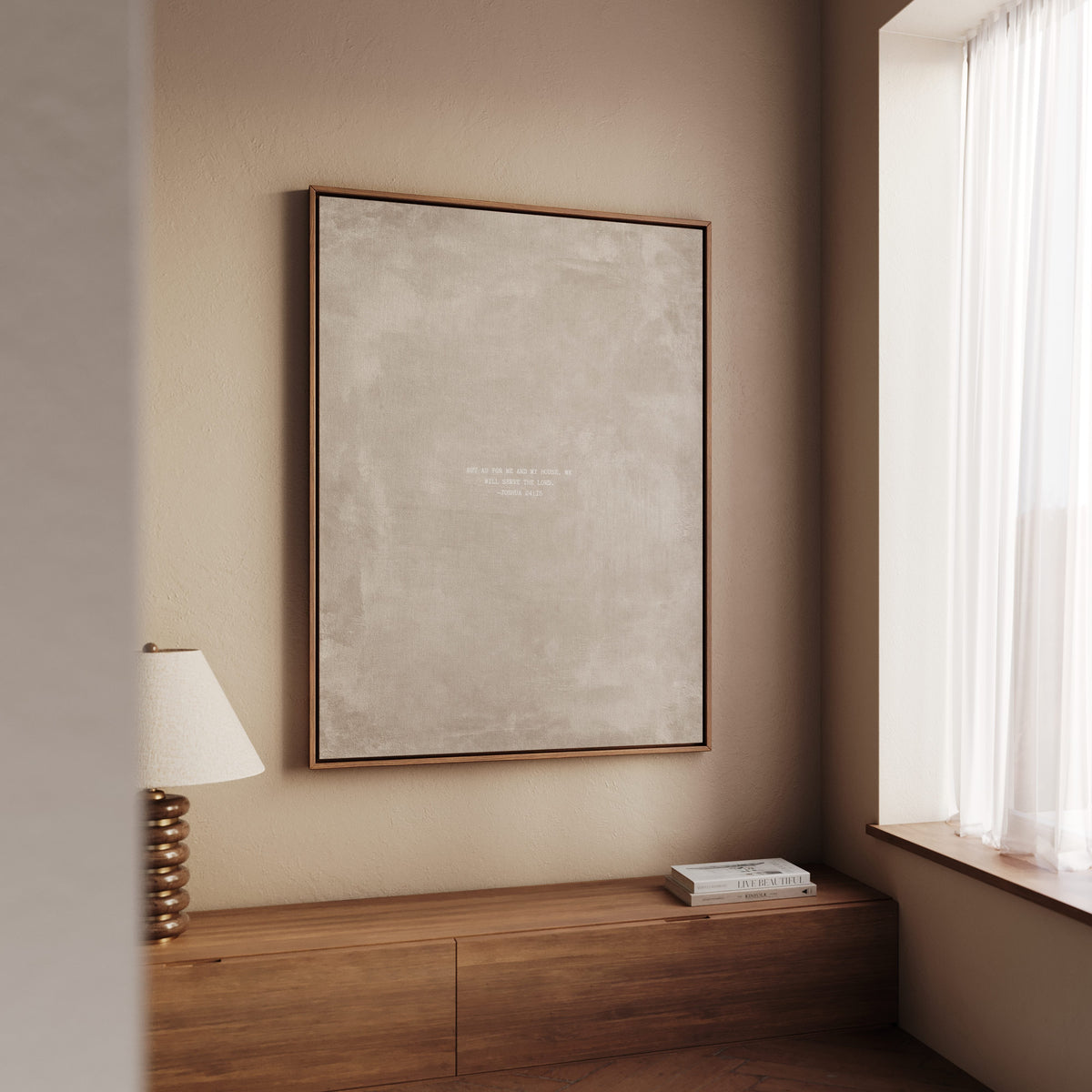 Oat scripture art print with Joshua 24:15 styled in a modern living room