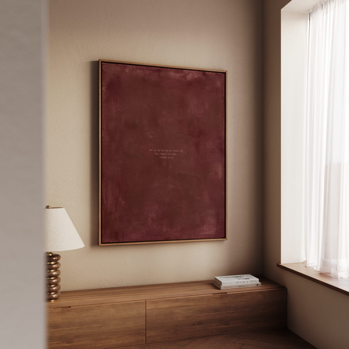 Redwood scripture art print with Joshua 24:15 styled in a modern living room