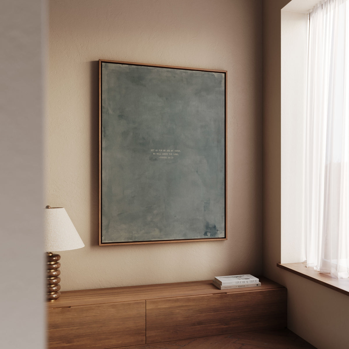 Zinc scripture art print with Joshua 24:15 styled in a modern living room