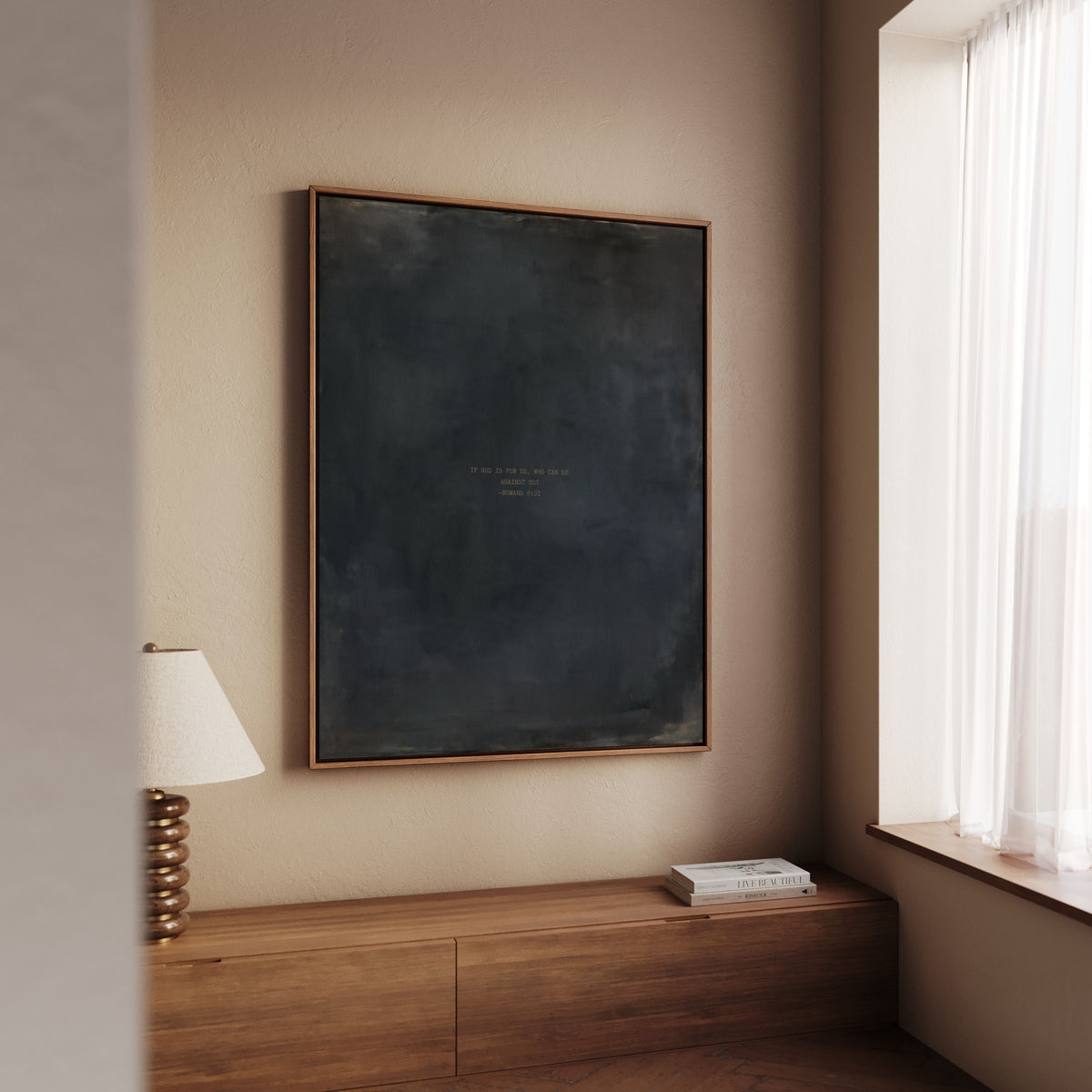 Bluestone scripture art print with Romans 8:31 styled in a modern living room