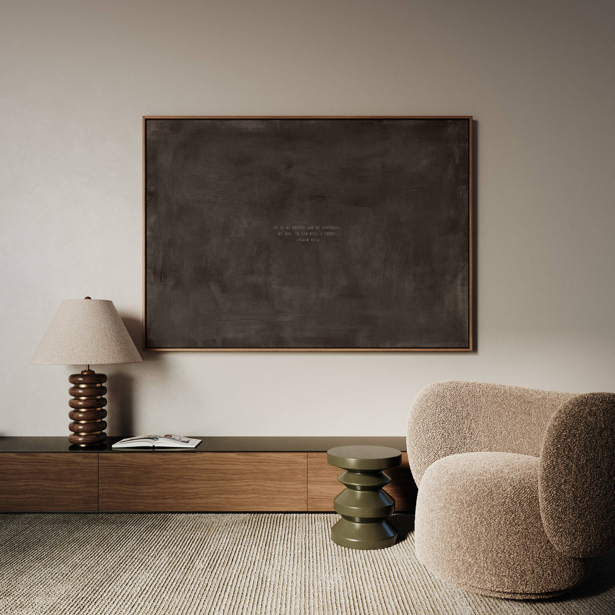 Charcoal scripture art print with Psalm 91:2 styled in a modern living room