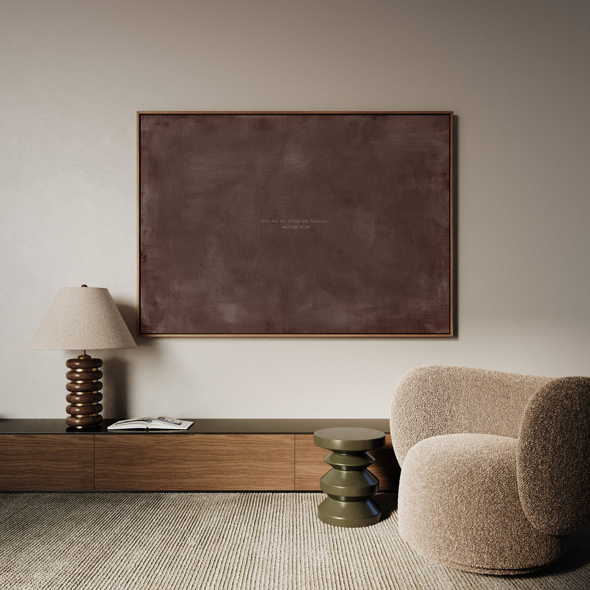 Dark Rose scripture art print with Matthew 19:26 styled in a modern living room