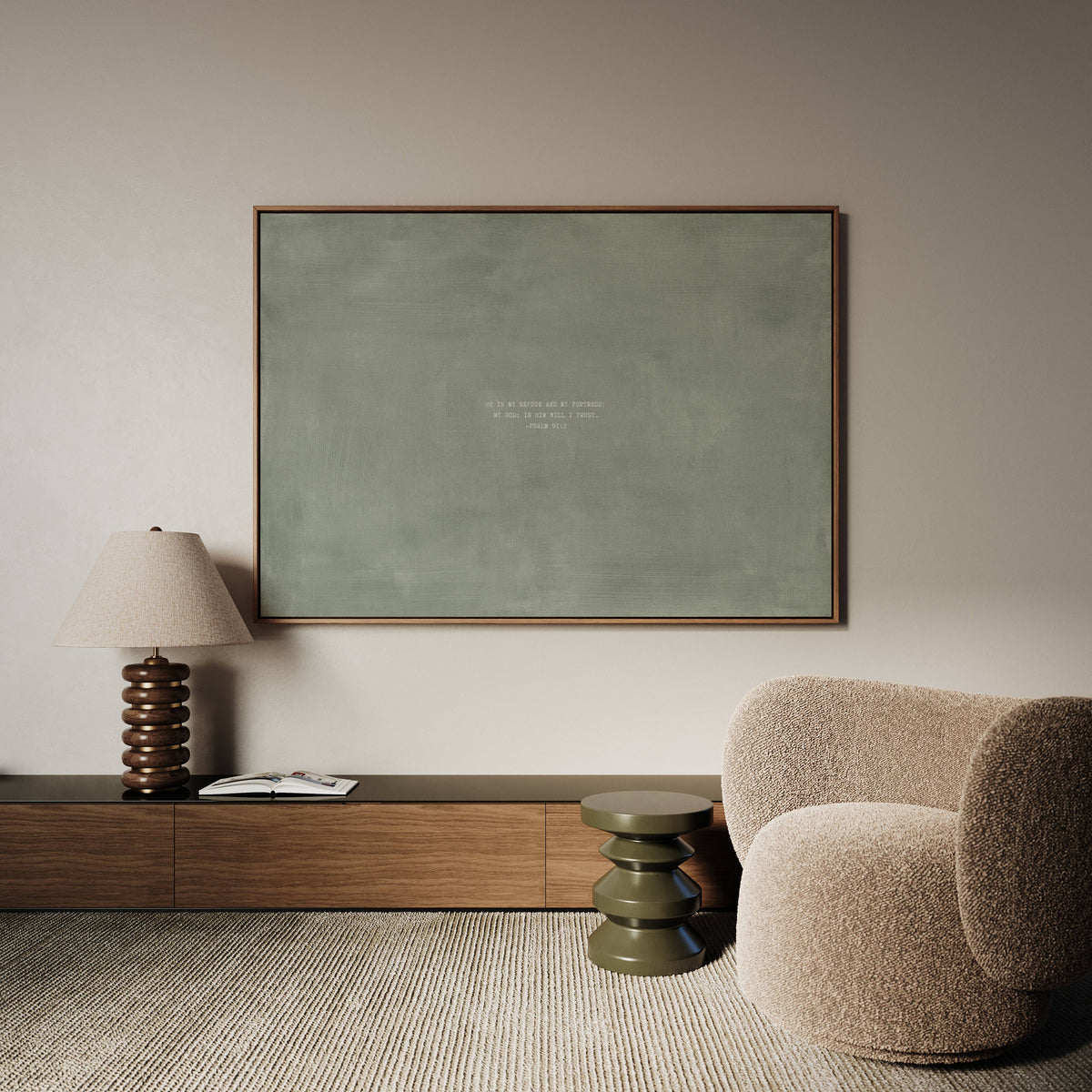 Sage scripture art print with Psalm 91:2 styled in a modern living room