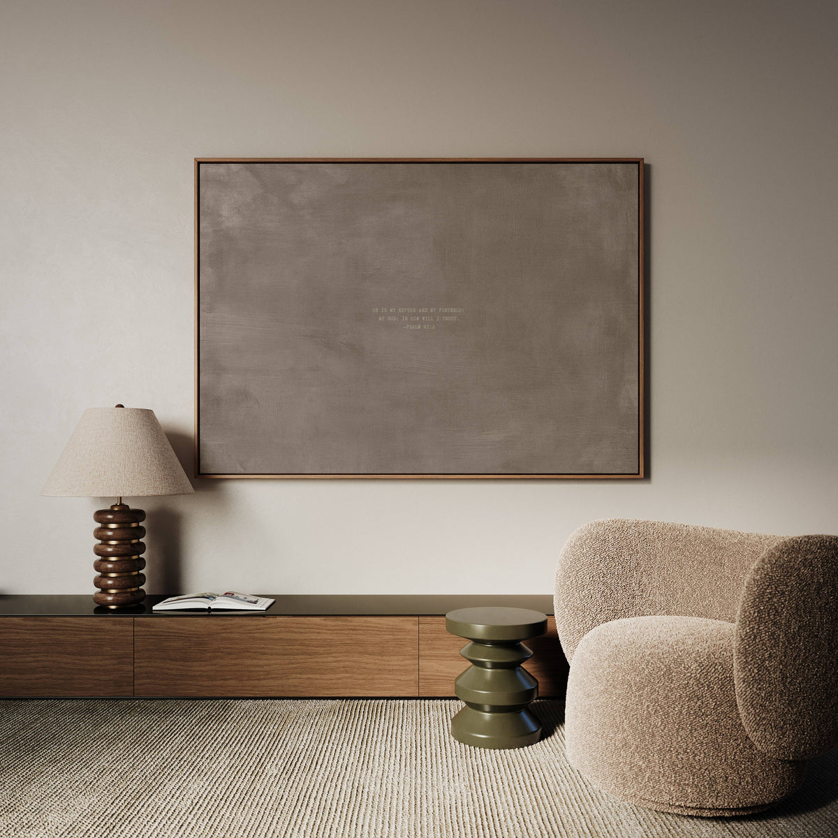 Taupe scripture art print with Psalm 91:2 styled in a modern living room