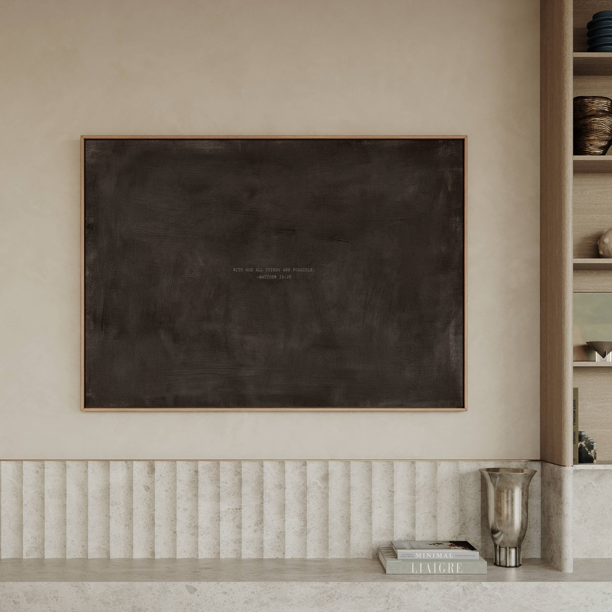 Charcoal scripture art print with Matthew 19:26 styled in a modern interior