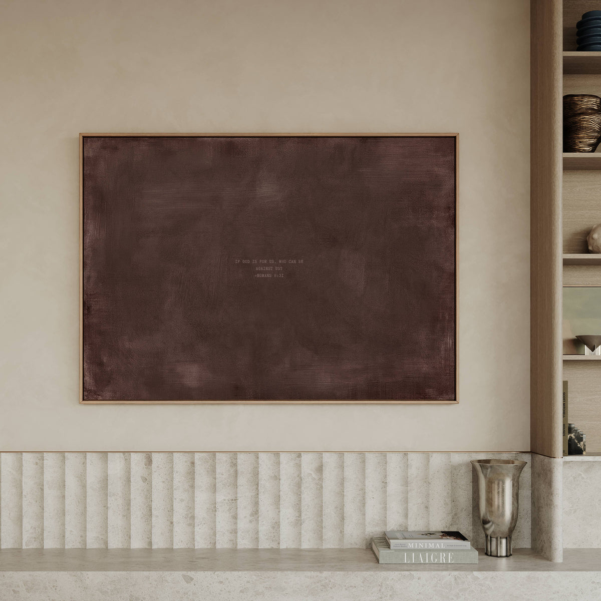 Dark Rose scripture art print with Romans 8:31 styled in a modern interior
