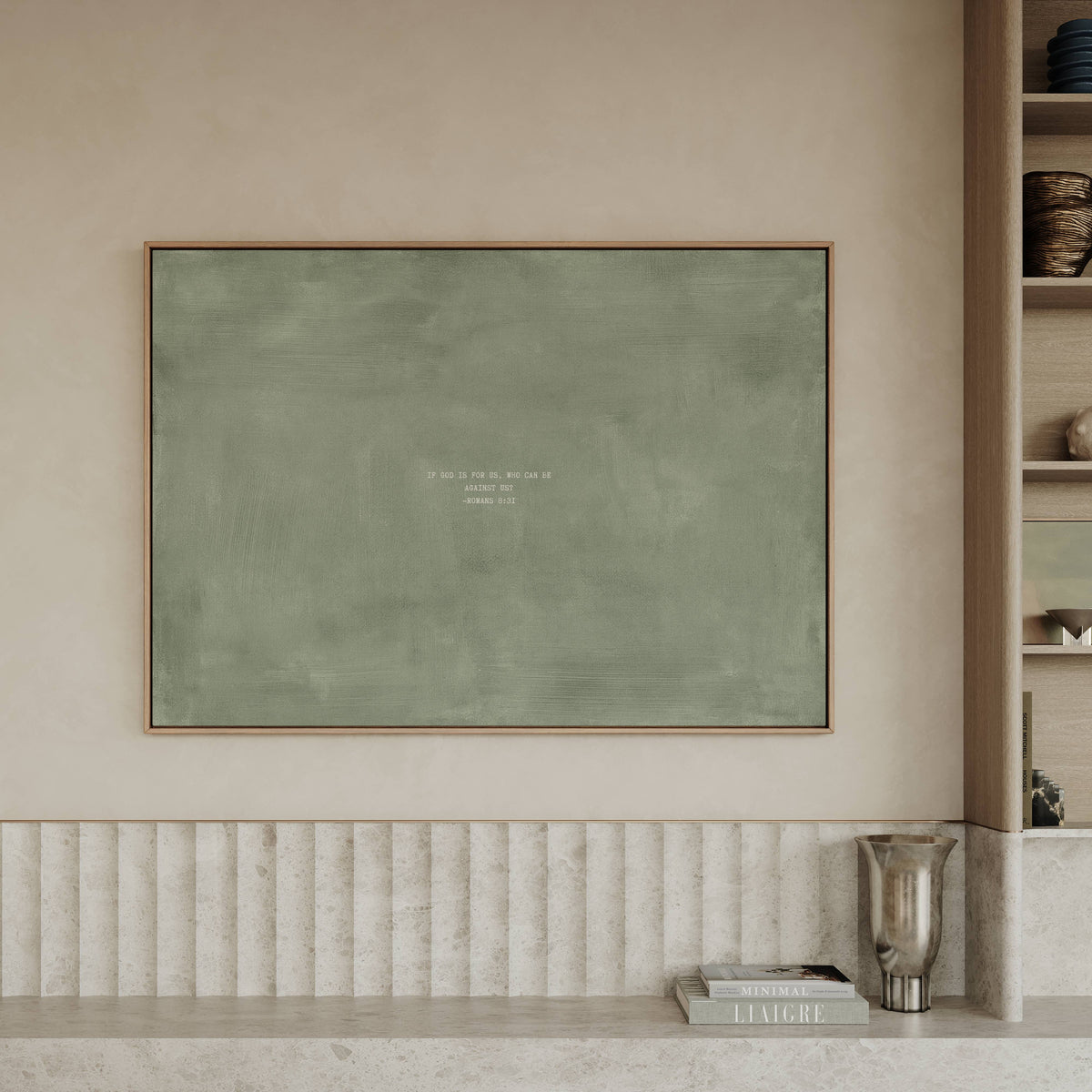 Sage scripture art print with Romans 8:31 styled in a modern interior