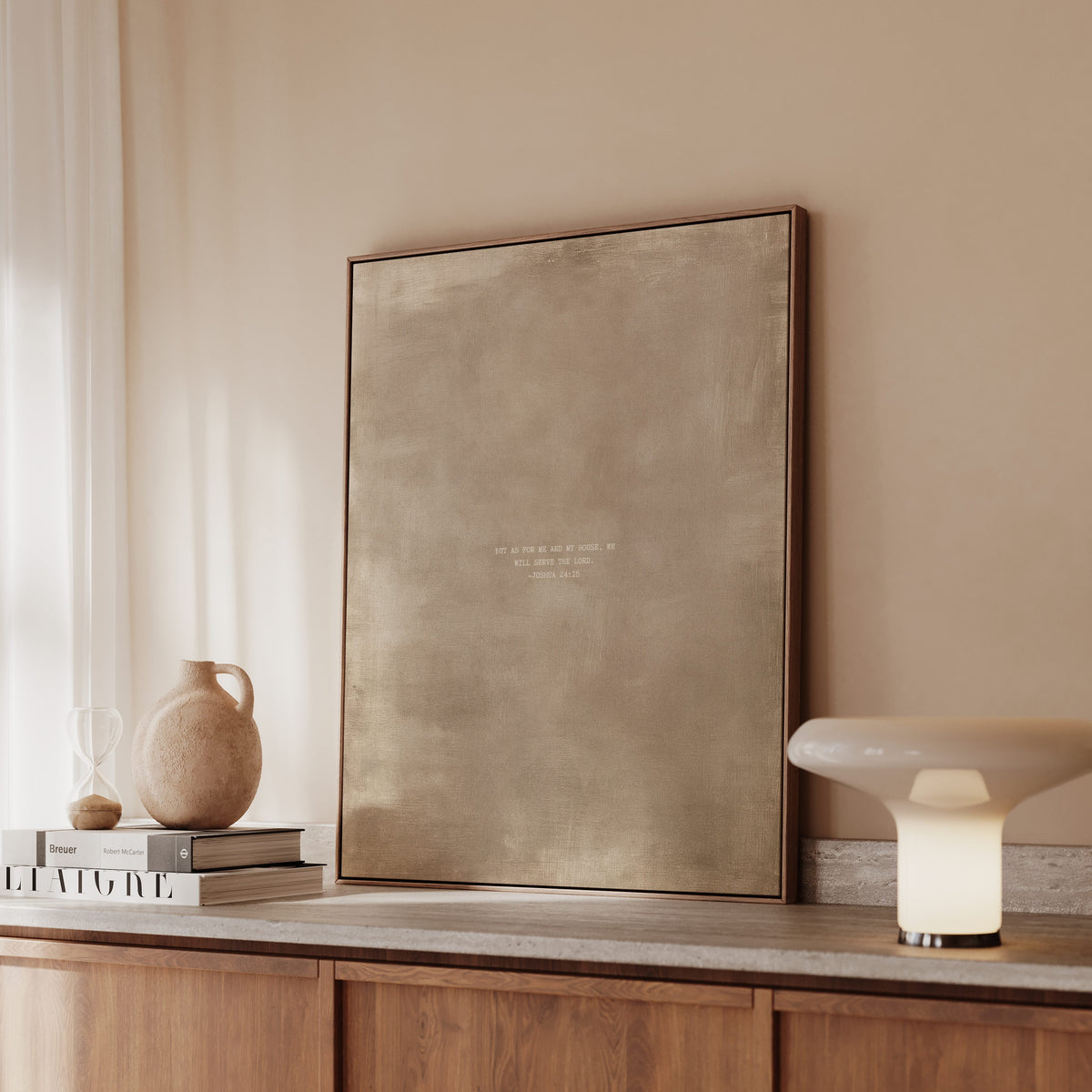 Clay scripture art print with Joshua 24:15 styled in a modern interior