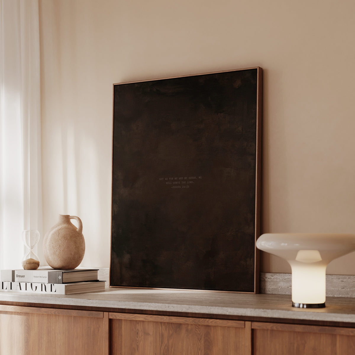 Espresso scripture art print with Joshua 24:15 styled in a modern interior