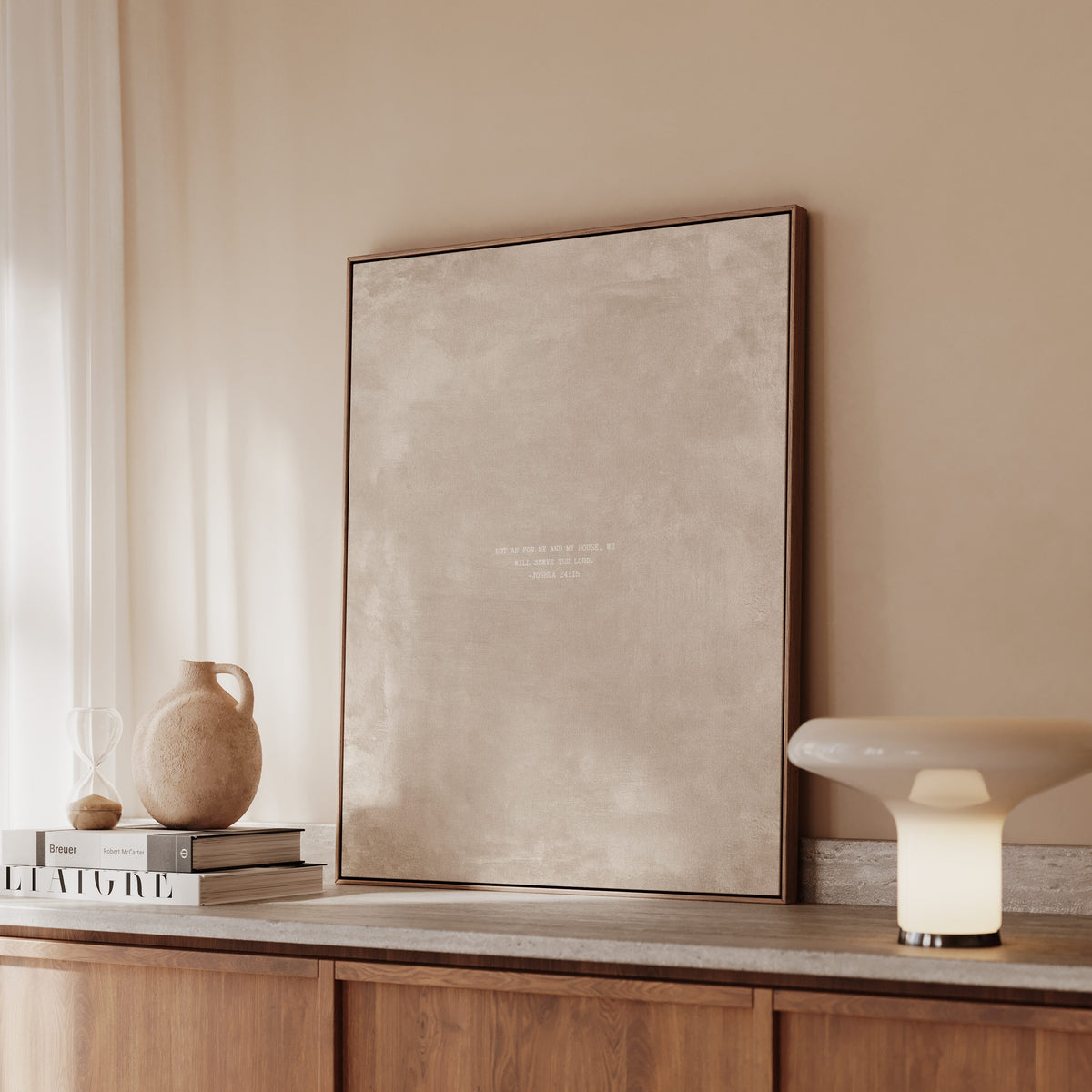 Oat scripture art print with Joshua 24:15 styled in a modern interior