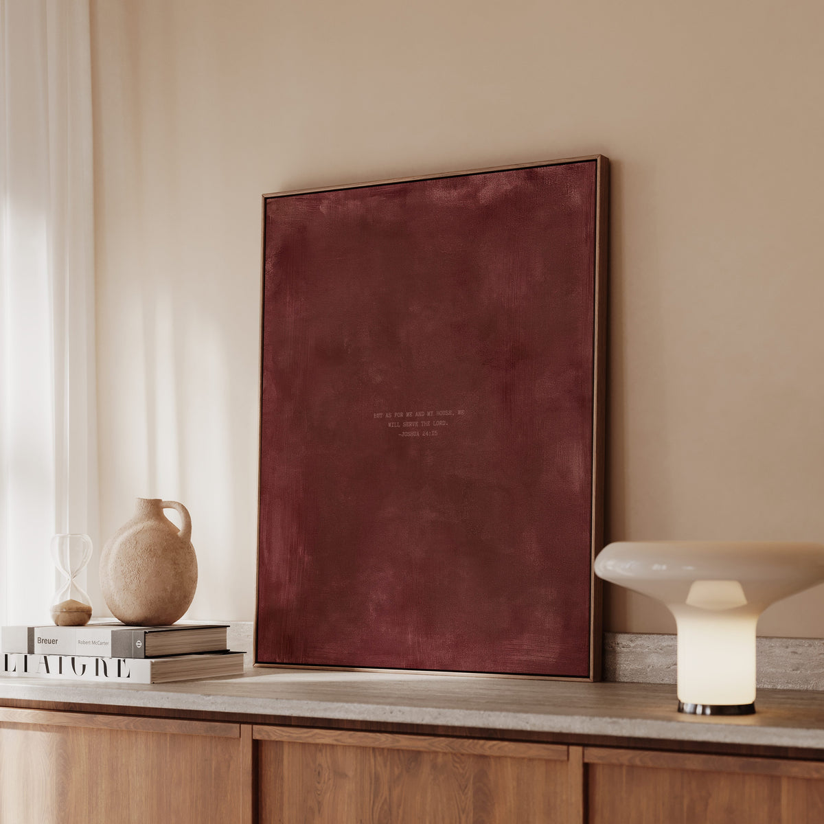 Redwood scripture art print with Joshua 24:15 styled in a modern interior