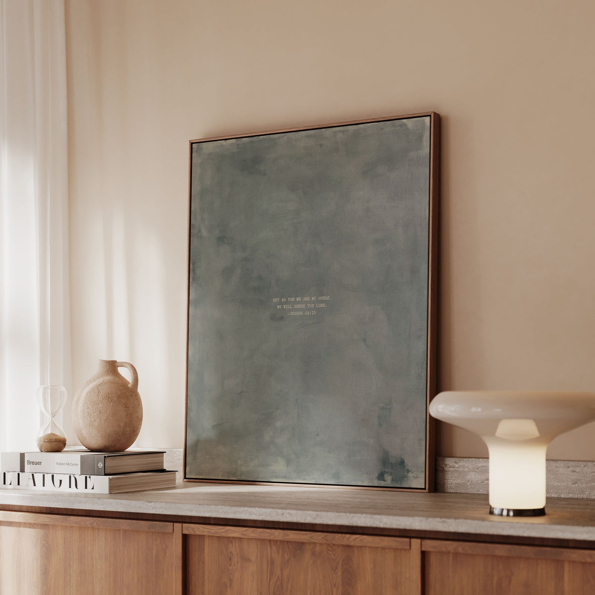 Zinc scripture art print with Joshua 24:15 styled in a modern interior