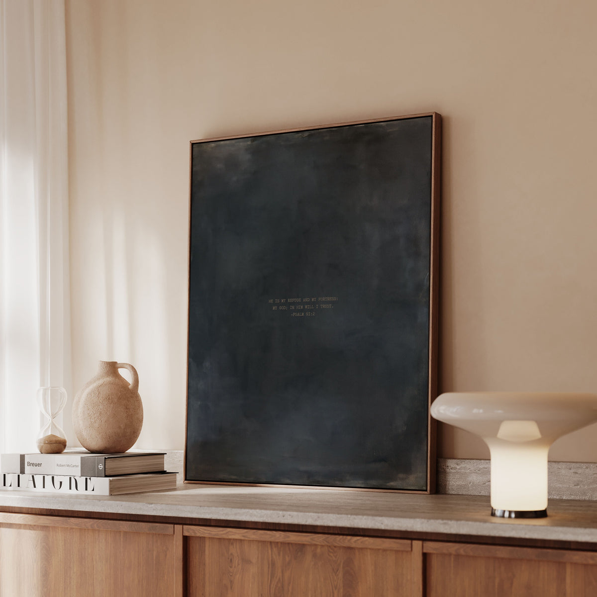 Bluestone scripture art print with Psalm 91:2 styled in a modern interior