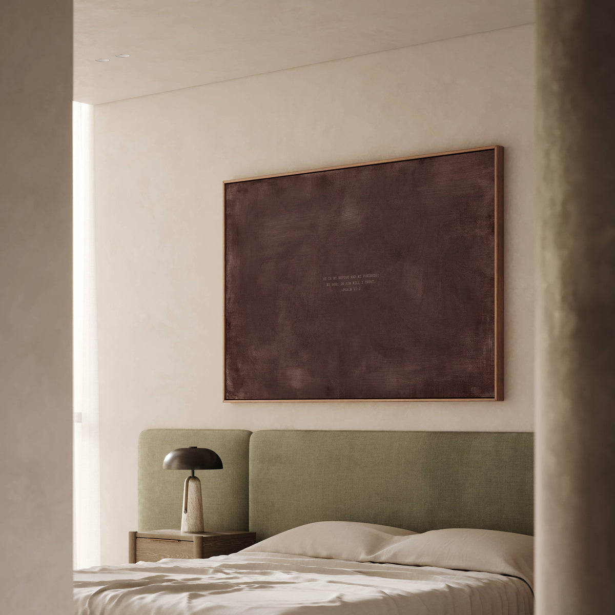 Dark Rose scripture art print with Psalm 91:2 styled above a bed in a modern bedroom