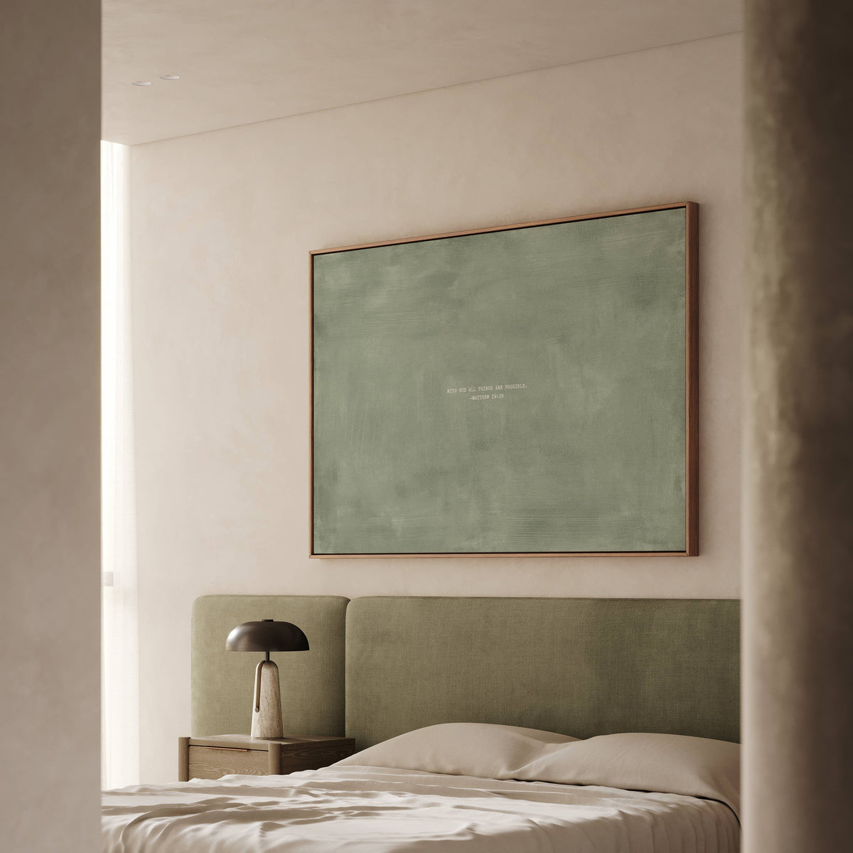 Sage scripture art print with Matthew 19:26 styled above a bed in a modern bedroom