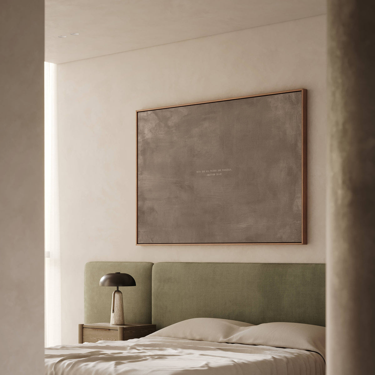Taupe scripture art print with Matthew 19:26 styled above a bed in a modern bedroom