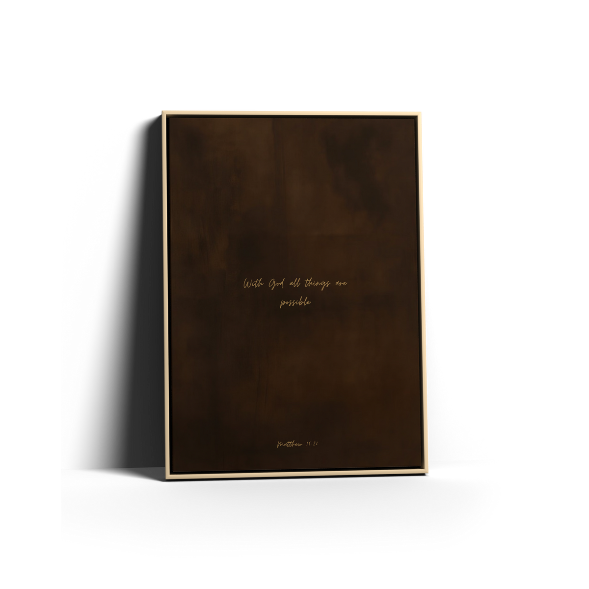 Cocoa Black Scripture canvas with Matthew 19:26 in a natural frame