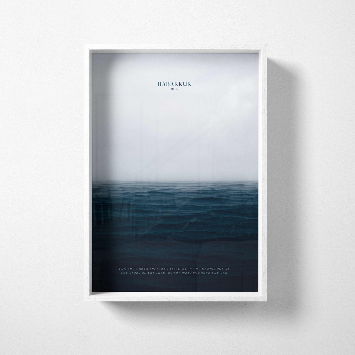 Minimalist Habakkuk 2:14 Christian wall art featuring calm ocean imagery and modern scripture typography in a white frame