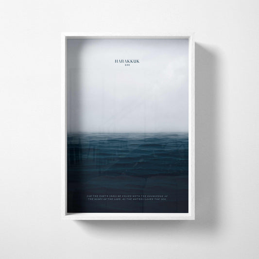 Minimalist Habakkuk 2:14 Christian wall art featuring calm ocean imagery and modern scripture typography in a white frame