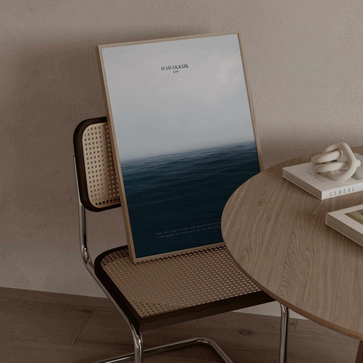 Modern Habakkuk 2:14 Christian wall art styled on a chair in a warm neutral interior with soft coastal tones