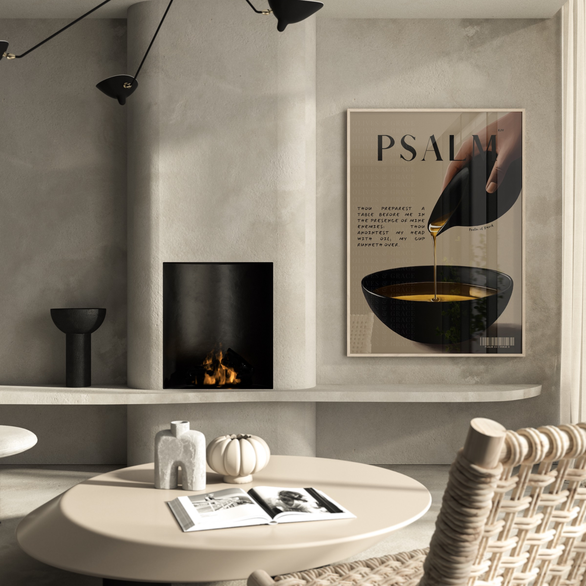 Minimalist Psalm 23 Christian wall art displayed in a warm neutral interior with contemporary furniture and soft natural tones