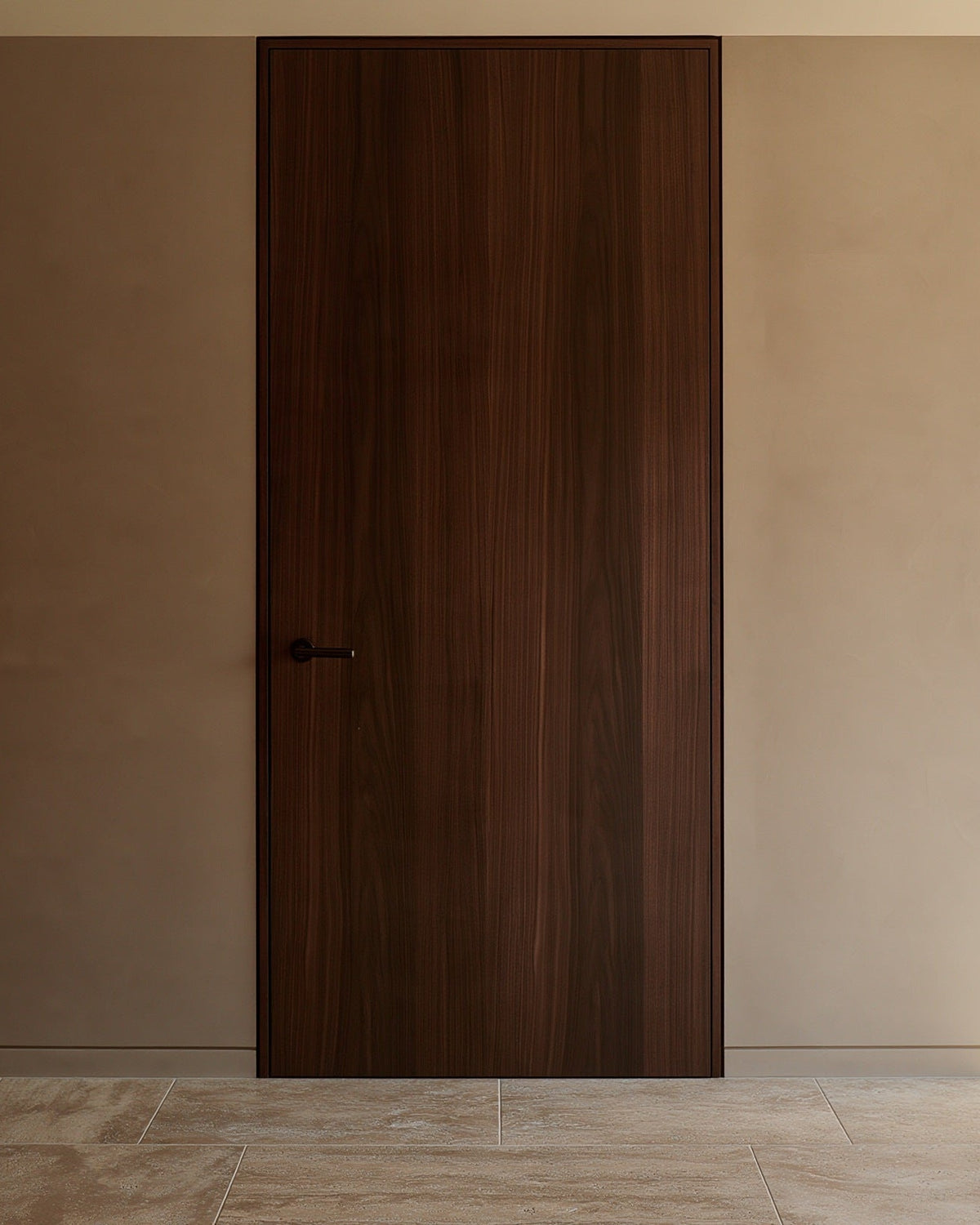 A closed walnut door in a quiet hallway