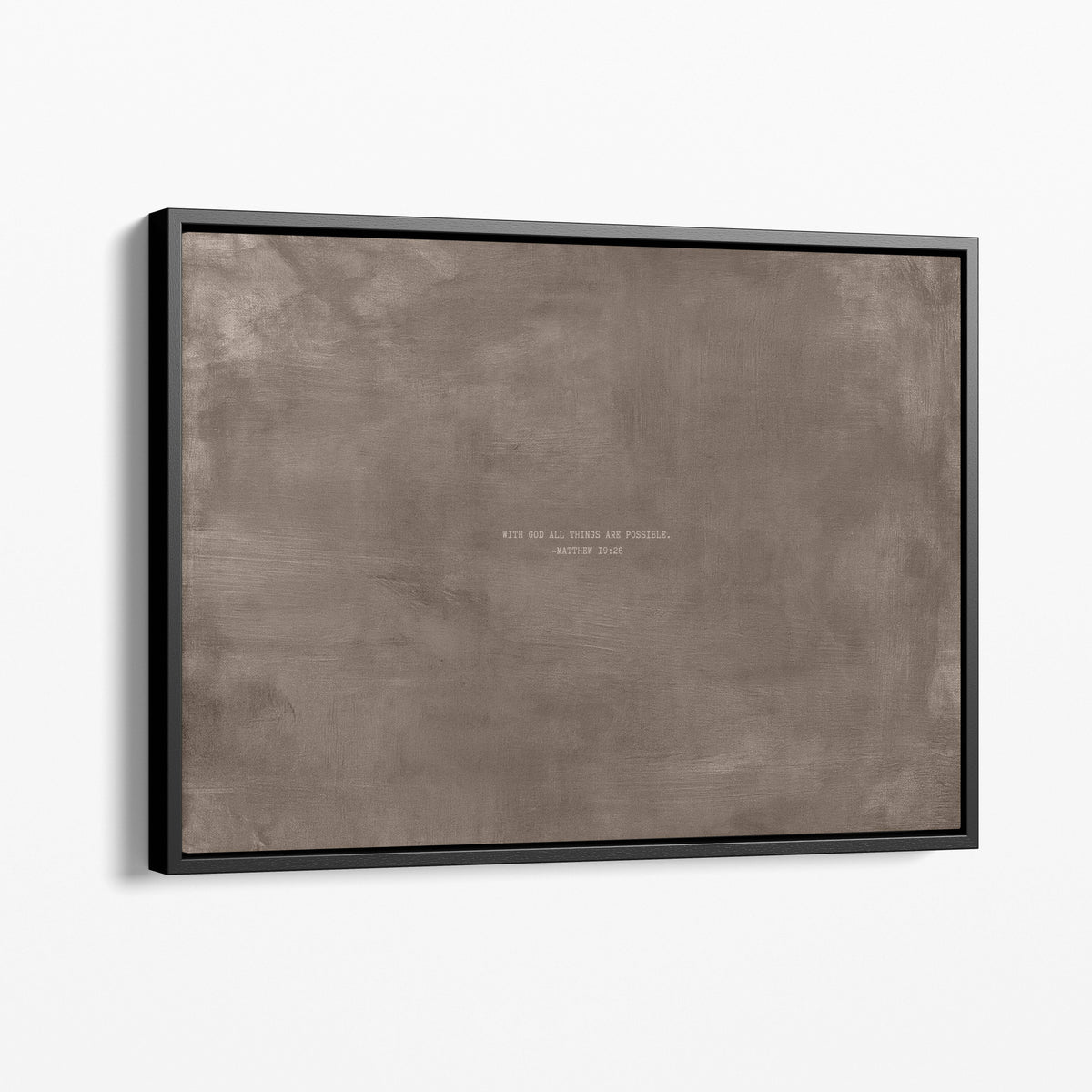 Taupe scripture art print with Matthew 19:26 in a black frame