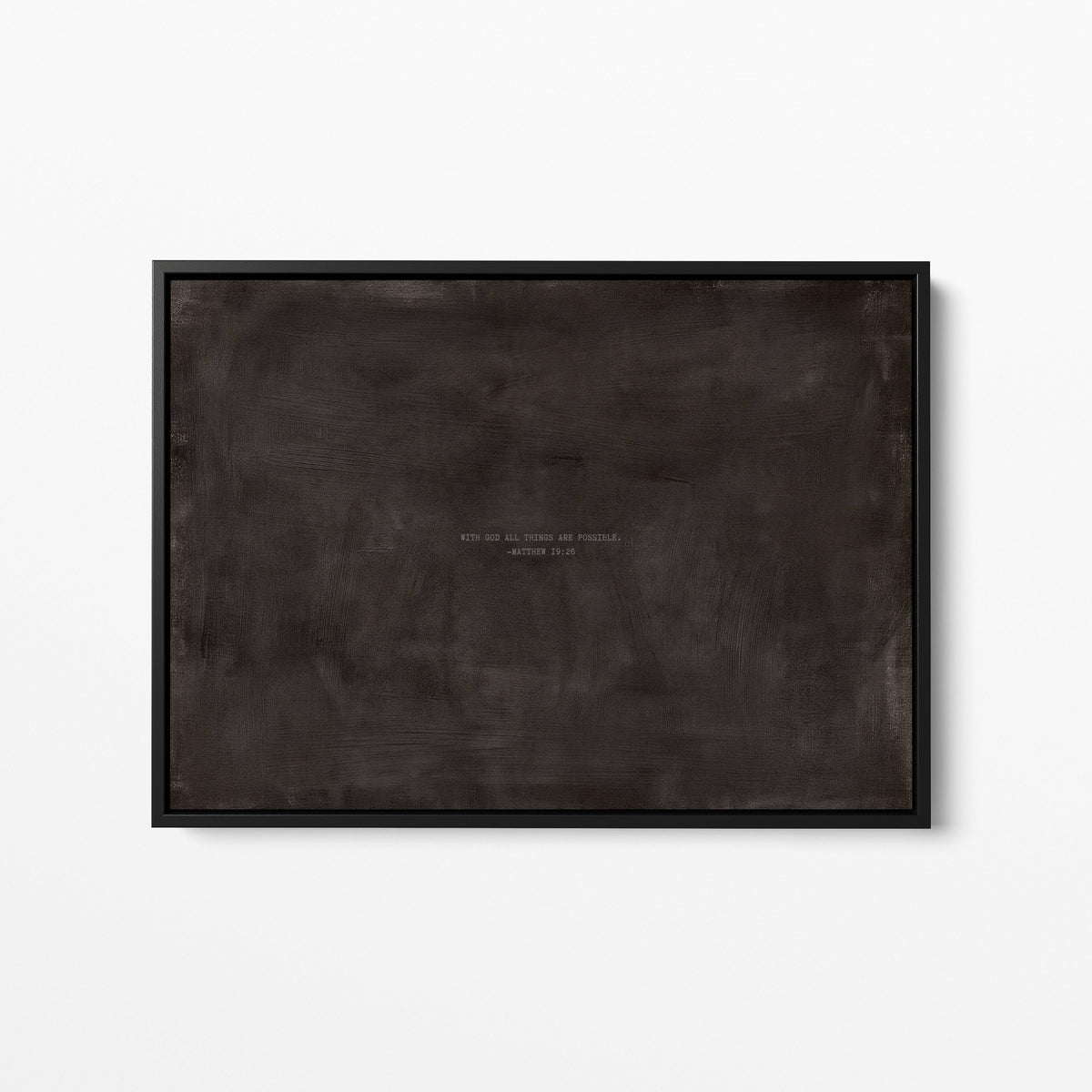 Charcoal scripture wall art print with Matthew 19:26 in a black frame
