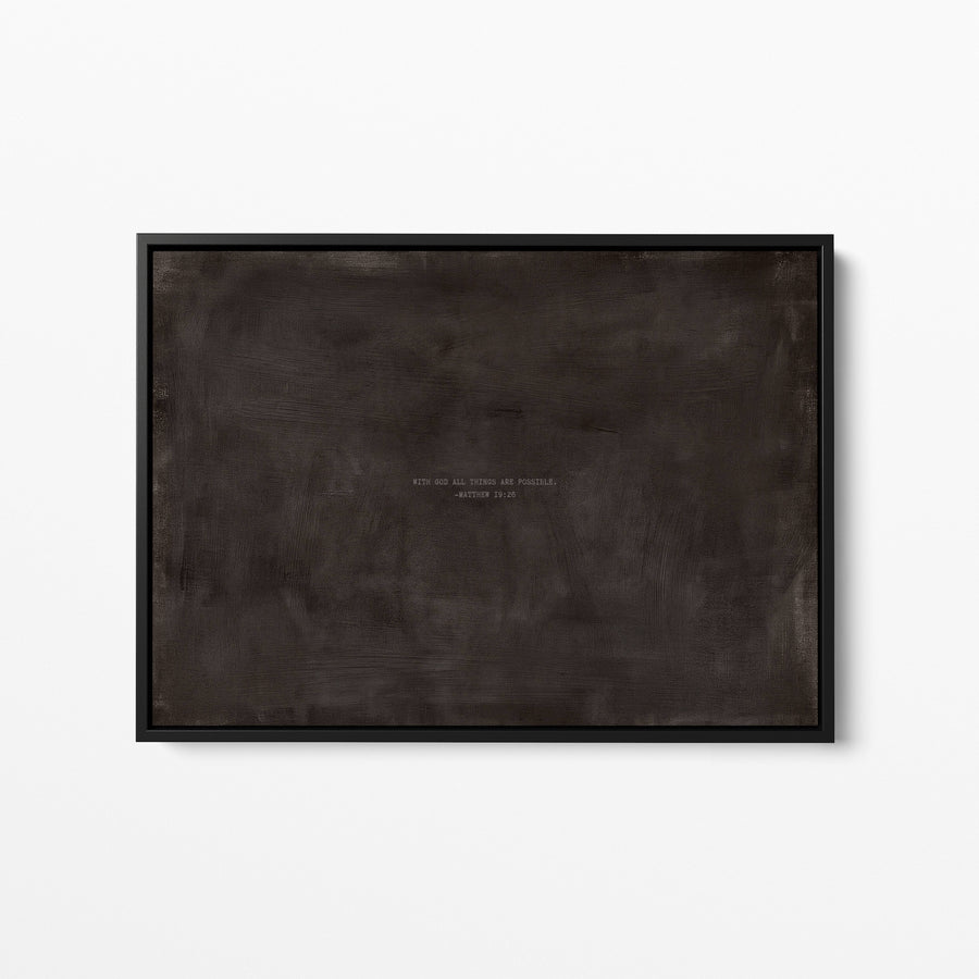 Charcoal scripture wall art print with Matthew 19:26 in a black frame