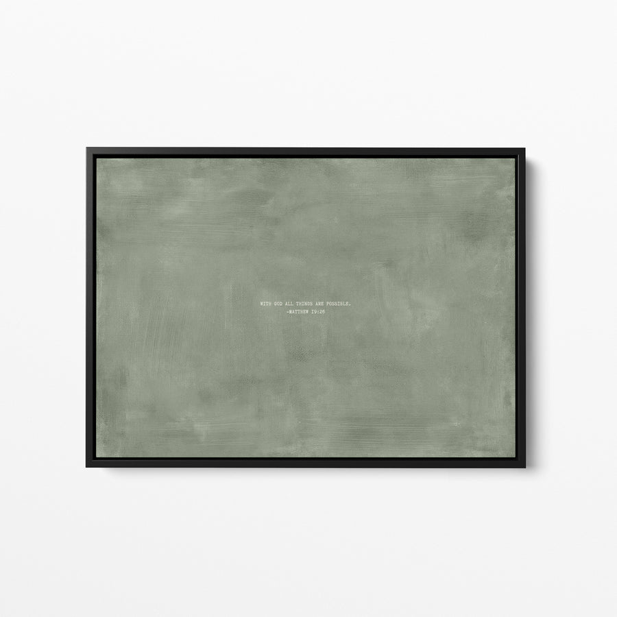Sage scripture wall art print with Matthew 19:26 in a black frame