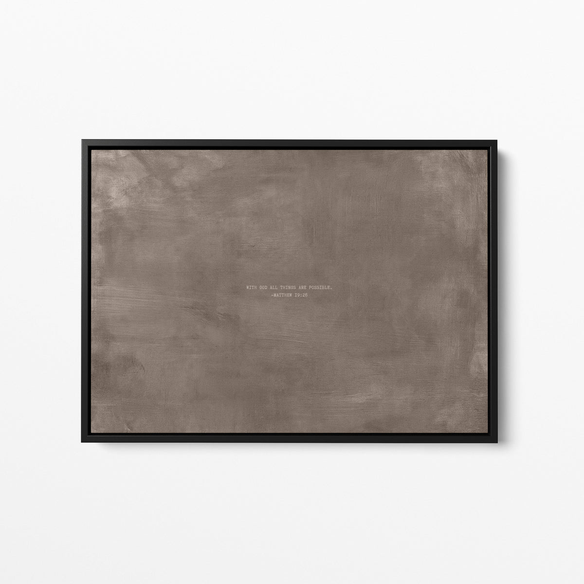 Taupe scripture wall art print with Matthew 19:26 in a black frame