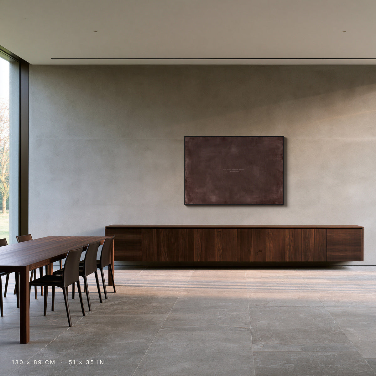 Deep Rose canvas, 130 × 89 cm, black floating frame, in a dining room
