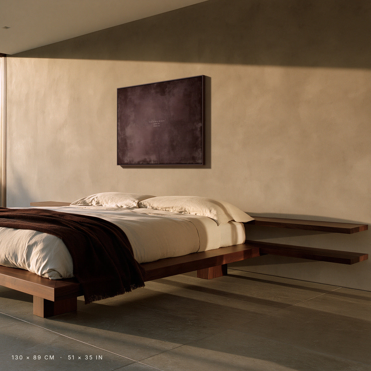 Dusty Mauve canvas, 130 × 89 cm, walnut floating frame, in a bedroom