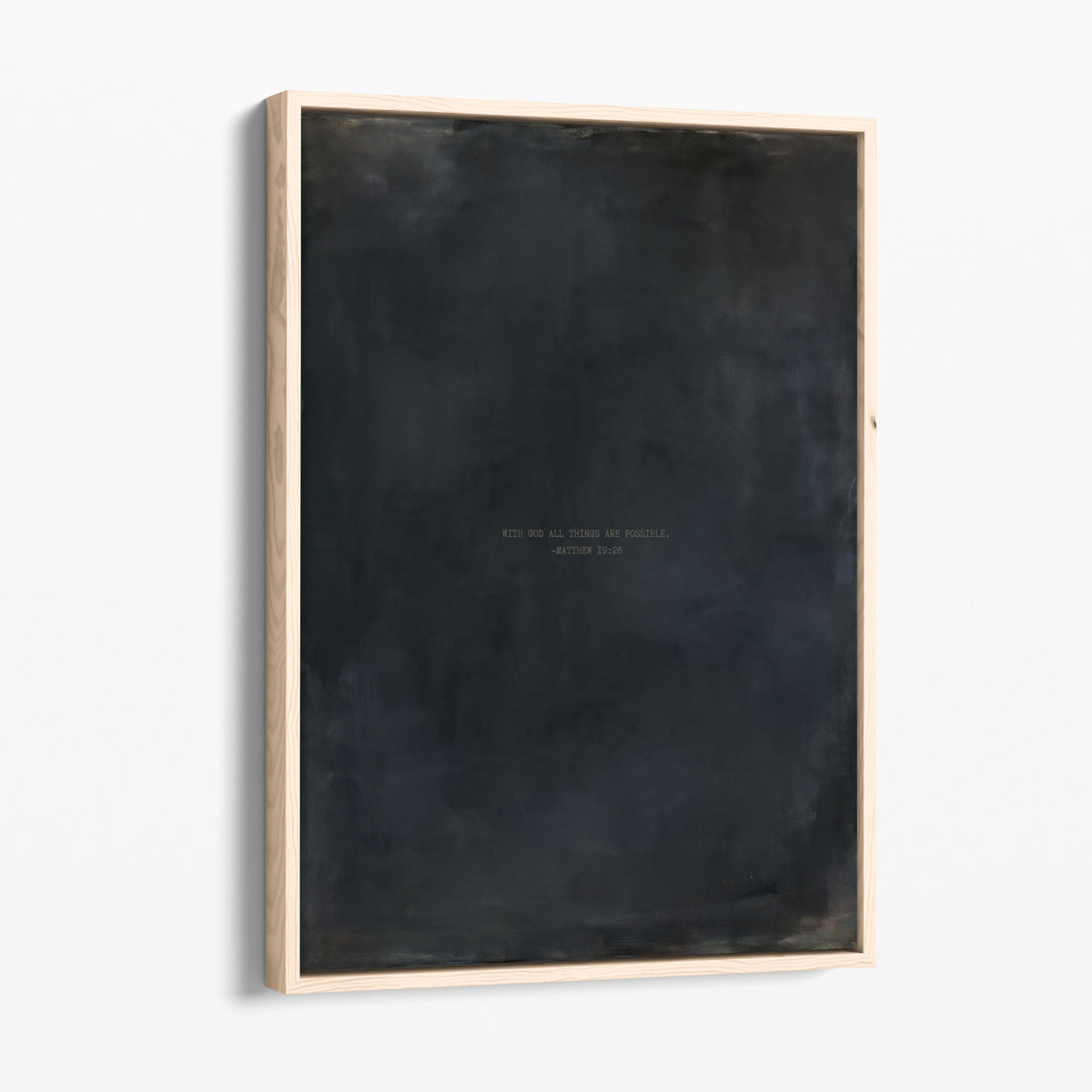 Bluestone scripture art print with Matthew 19:26 in a natural wood frame