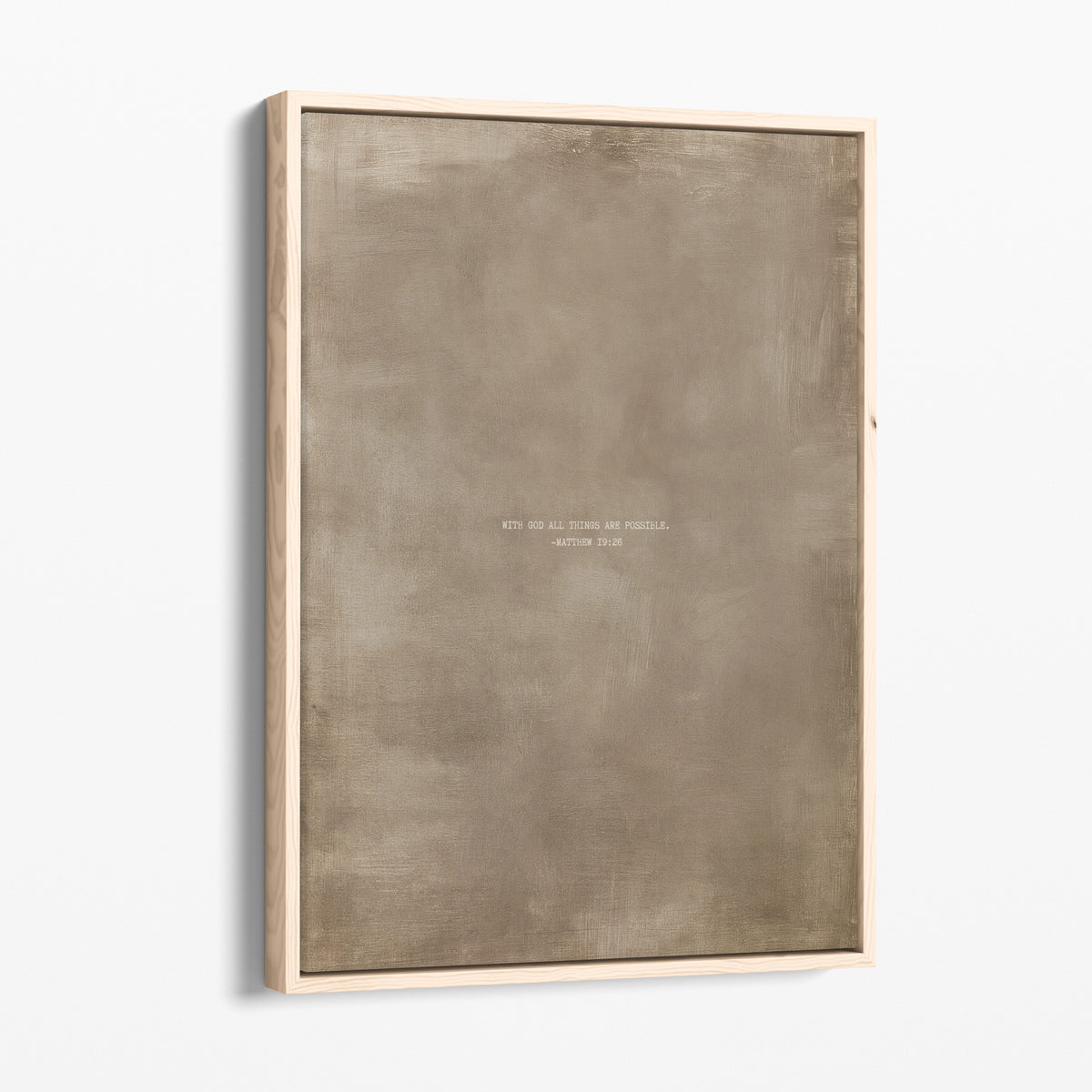Clay scripture art print with Matthew 19:26 in a natural wood frame