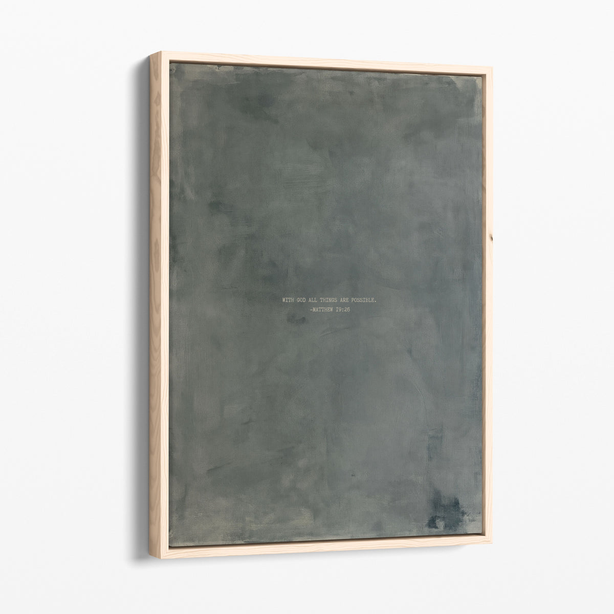 Zinc scripture art print with Matthew 19:26 in a natural wood frame