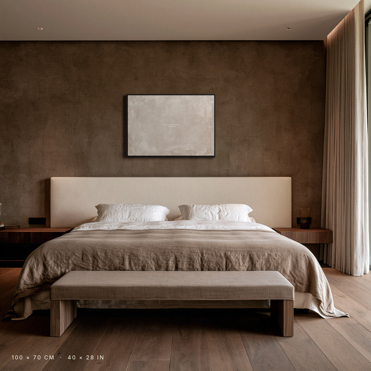 Oat canvas, 100 × 70 cm, black floating frame, in a bedroom