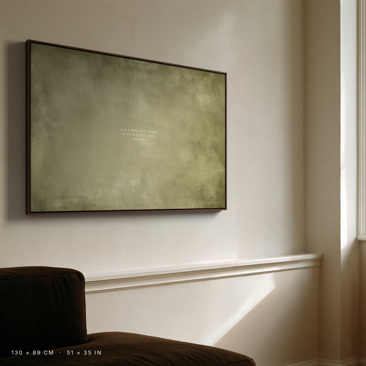 Olive canvas, 130 × 89 cm, espresso floating frame, close-up in a Berlin apartment