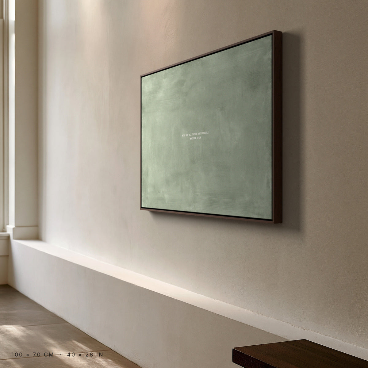 Sage canvas, 100 × 70 cm, espresso floating frame, close-up in an Amsterdam canal house