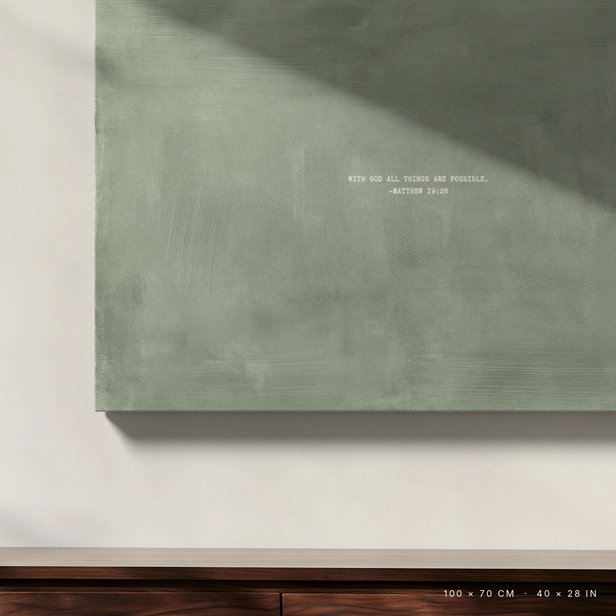 Sage canvas, 100 × 70 cm, unframed, close-up above a walnut sideboard in an Oslo interior
