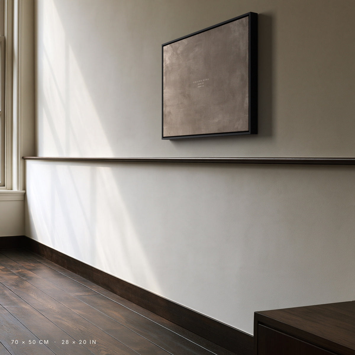 Taupe canvas, 70 × 50 cm, black floating frame, in an Amsterdam canal house